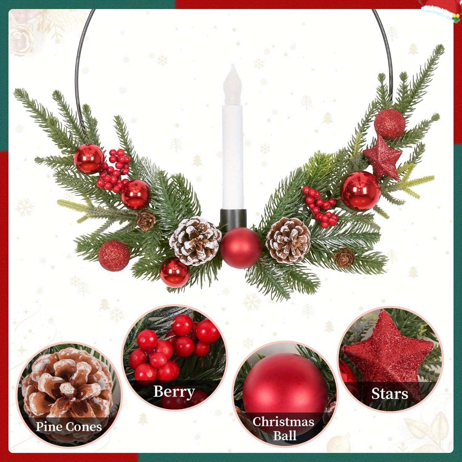 2-Pack ASPMIZ Traditional Christmas Wreaths with LED Lighted Taper Candles, Remote Control, Berries, Pine Cones - Wall Hanging Decor for Holiday, Winter - Plastic, Requires 2 AA Batteries (Not Included)