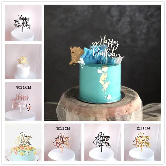Elegant Happy Birthday cake toppers in unique script, perfect for stylish celebration cakes.