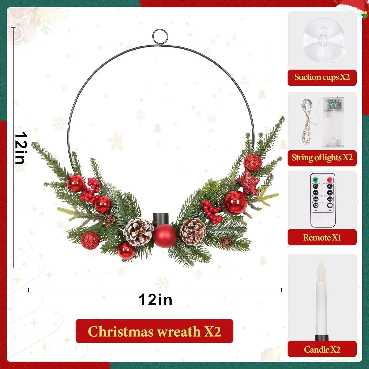 2-Pack ASPMIZ Traditional Christmas Wreaths with LED Lighted Taper Candles, Remote Control, Berries, Pine Cones - Wall Hanging Decor for Holiday, Winter - Plastic, Requires 2 AA Batteries (Not Included)