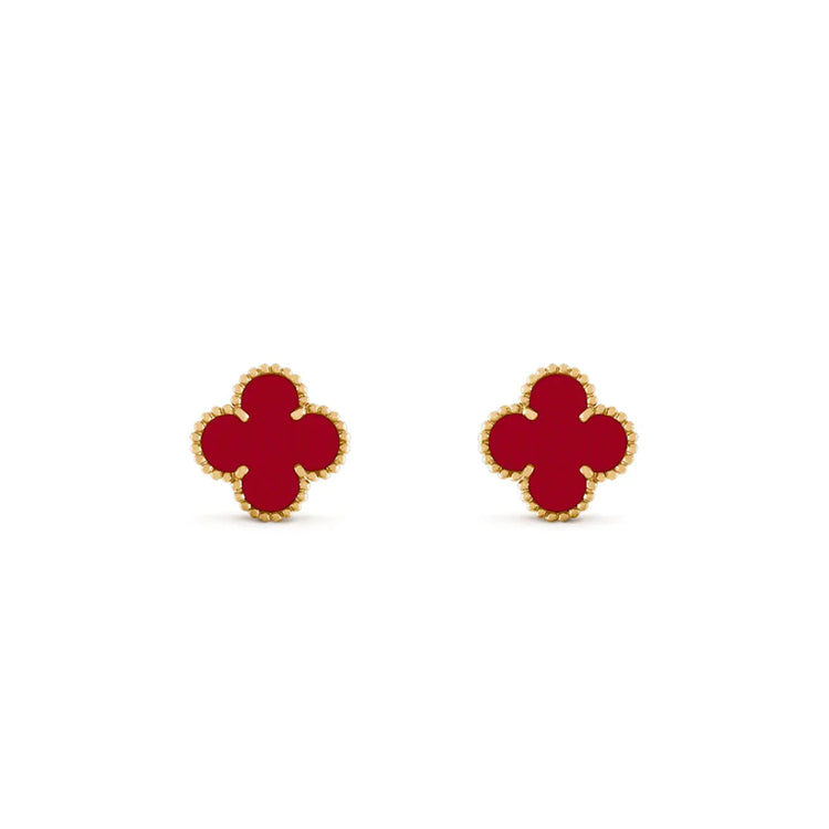 Eye-catching red clover-shaped gold stud earrings, unique statement jewelry gift