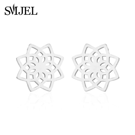 Intriguing silver mandala stud earrings, geometric floral design, modern and unique jewelry