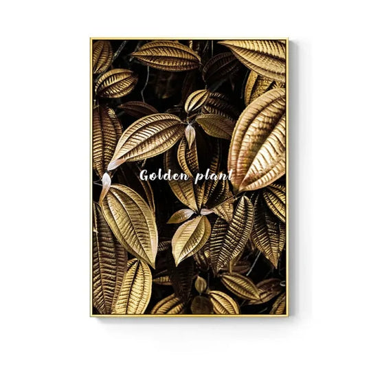 Captivating golden plant wall art with textured leaves, perfect for bold home décor.