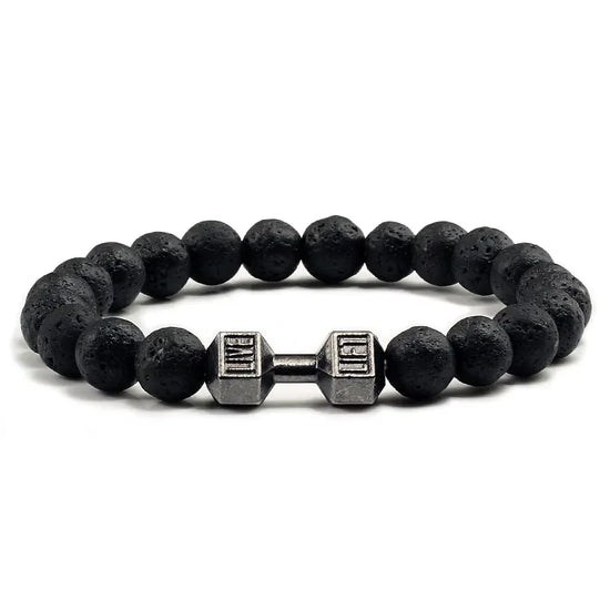 Unique black lava stone bracelet with silver dumbbell charm, perfect for bold personal style