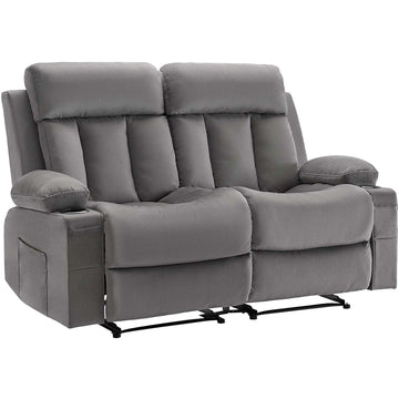 Loveseat Recliner Sofa, Power Reclining Couch With Heating And Massage, Soft Velvet Electric Recliner Sofa With USB Ports, Cup Holders AndSideBags, Dual Loveseat Chair For Living Room, Grey