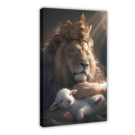 Lion King Embracing Sheep - Framed Abstract Canvas Wall Art