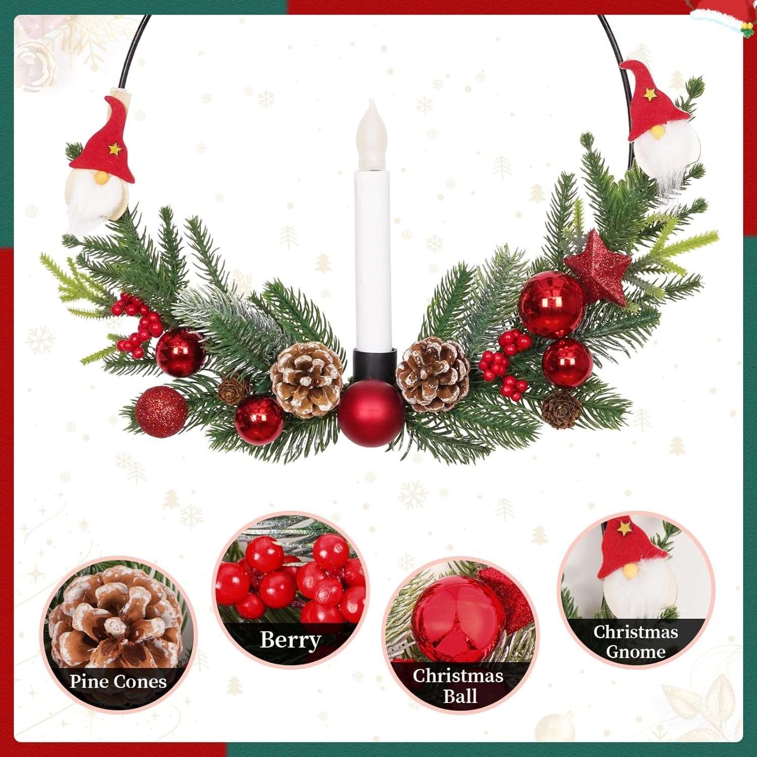 2-Pack ASPMIZ Traditional Christmas Wreaths with LED Lighted Taper Candles, Remote Control, Berries, Pine Cones - Wall Hanging Decor for Holiday, Winter - Plastic, Requires 2 AA Batteries (Not Included)