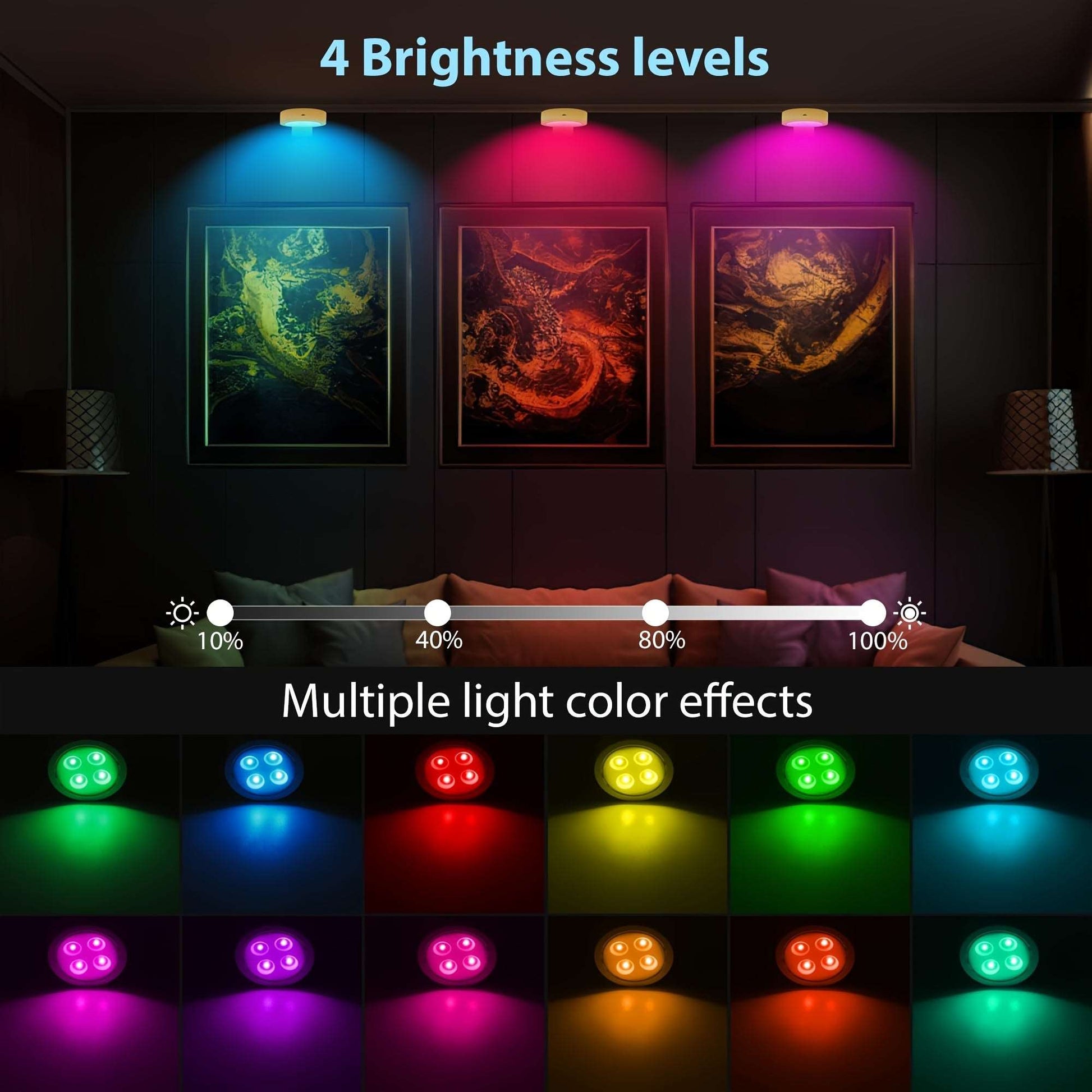 6Pcs Picture Light Battery Operated, 13 RGB Color Magnetic Led Art Display Light for Picture Frame Artworking, Wireless Painting Light with Remote Control, Party Home Wall Decor Puck Light, Gold-RGB