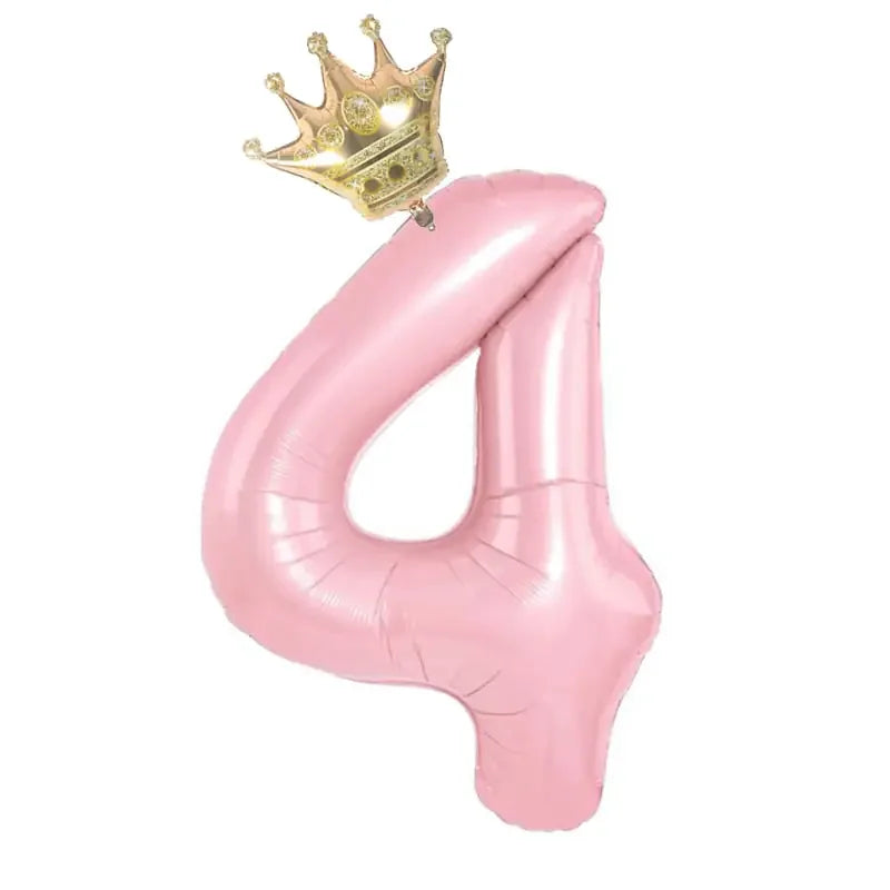 Shiny pink number 4 balloon with gold crown, playful party decor that sparks curiosity