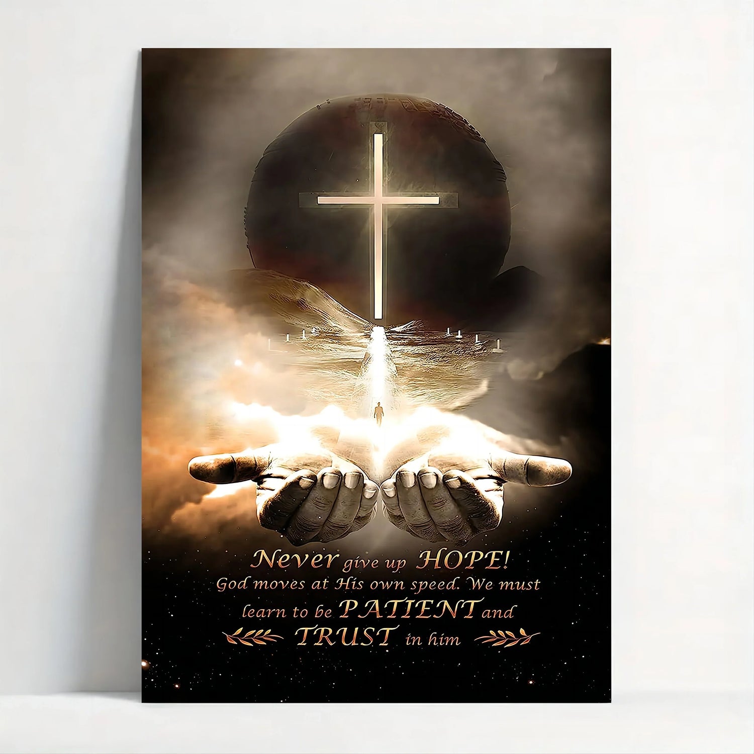 Hands cradle glowing cross & hopeful path—never give up HOPE, be PATIENT, TRUST. Divine inspiration art.