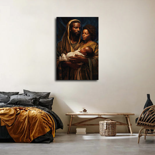 Framed African American Joseph, Mary and Jesus Art Canvas