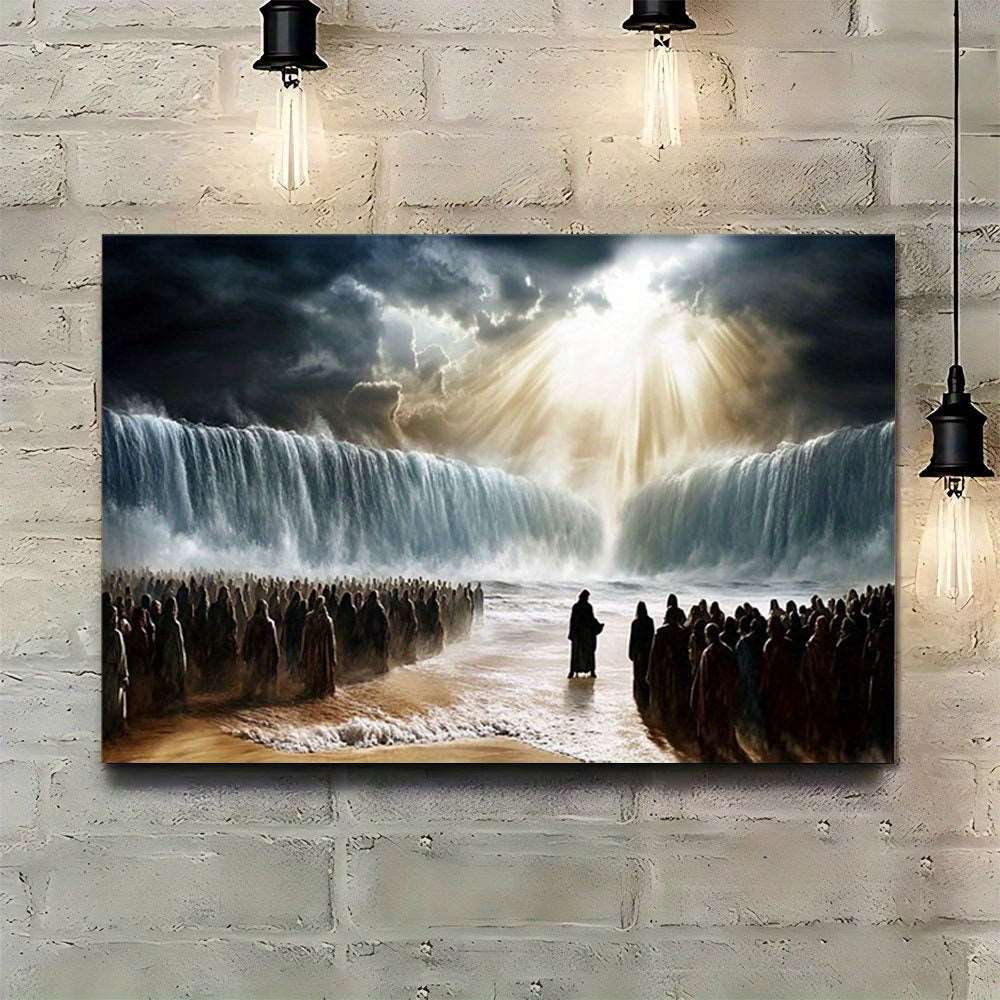 1pc Moses Parting the Red Sea Canvas Art, 11.8x15.7 inches, Wooden Framed Wall Decor, Enchanting Waterfall Scene, Ideal for Living Room, Office, School, Art Supplies, Classroom Decoration, Christmas, Halloween, Birthday, Grad