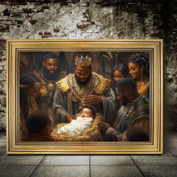 Room Decor 1pc Vintage Golden Frame Canvas Painting - Holy King Jesus Born in Manger with Family - Majestic Black Figures - Religious Artwork for Living Room Wall Decor - 11.8x15.7 Inches