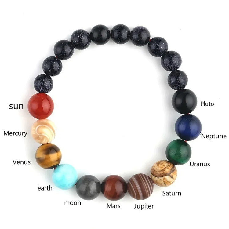 Solar system beaded bracelet featuring colorful gemstone planets, perfect for unique home décor or jewelry.