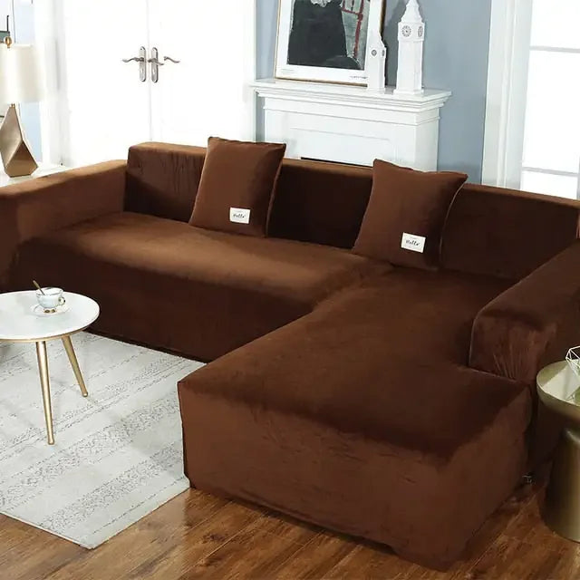 Luxurious brown sectional sofa with plush cushions in a stylish modern living room