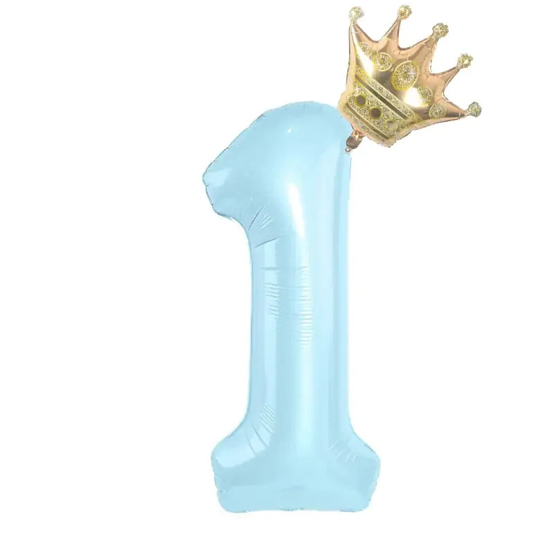Light blue number one balloon with golden crown, perfect for unique birthday décor