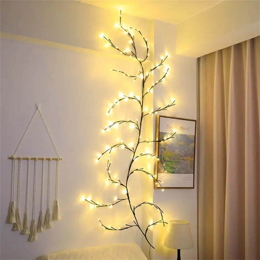 Intriguing wall-mounted branch light decor adds cozy, unique glow to modern living room corner.