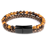 Distinctive tiger eye beaded and braided leather bracelet with sleek black clasp, stylish and unique