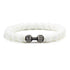 Striking white beaded bracelet with antique silver dumbbell charm, perfect for unique style lovers