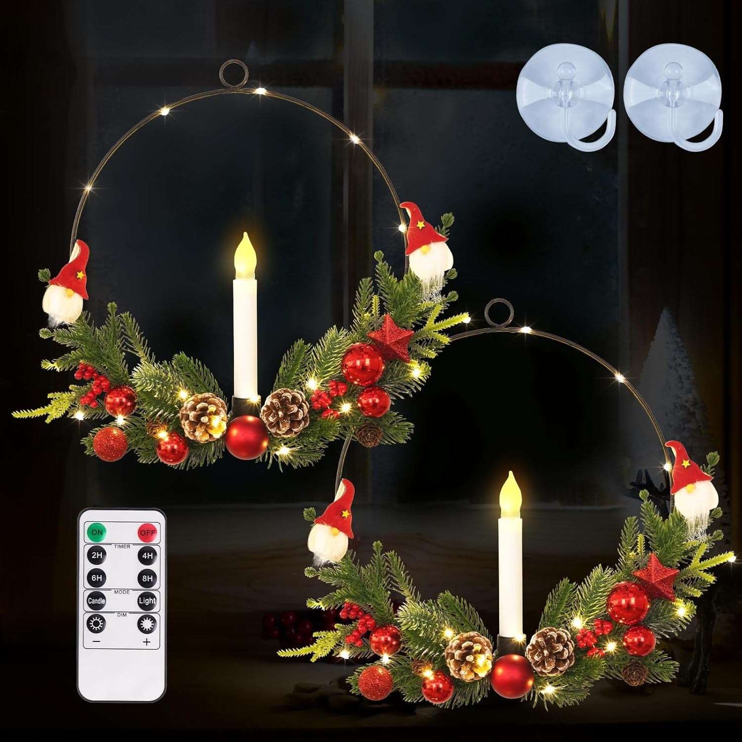 2-Pack ASPMIZ Traditional Christmas Wreaths with LED Lighted Taper Candles, Remote Control, Berries, Pine Cones - Wall Hanging Decor for Holiday, Winter - Plastic, Requires 2 AA Batteries (Not Included)