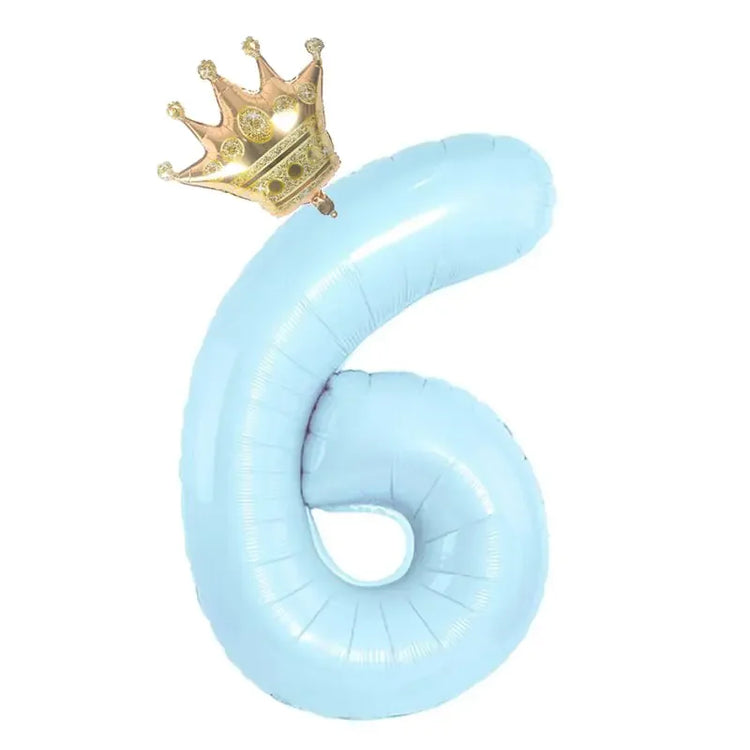 Light blue number 6 balloon with a gold crown, perfect for unique party decor