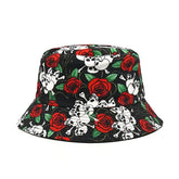 Bold bucket hat with vivid red rose and white skull print, perfect for standout street style.