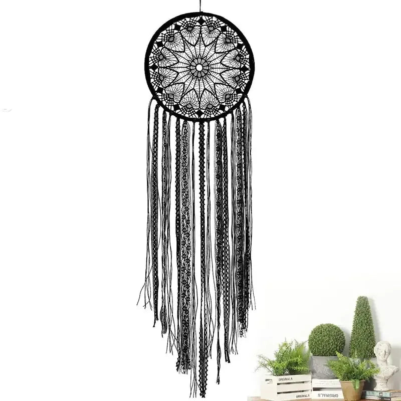Elegant black lace dreamcatcher wall hanging with long tassels, unique home décor idea
