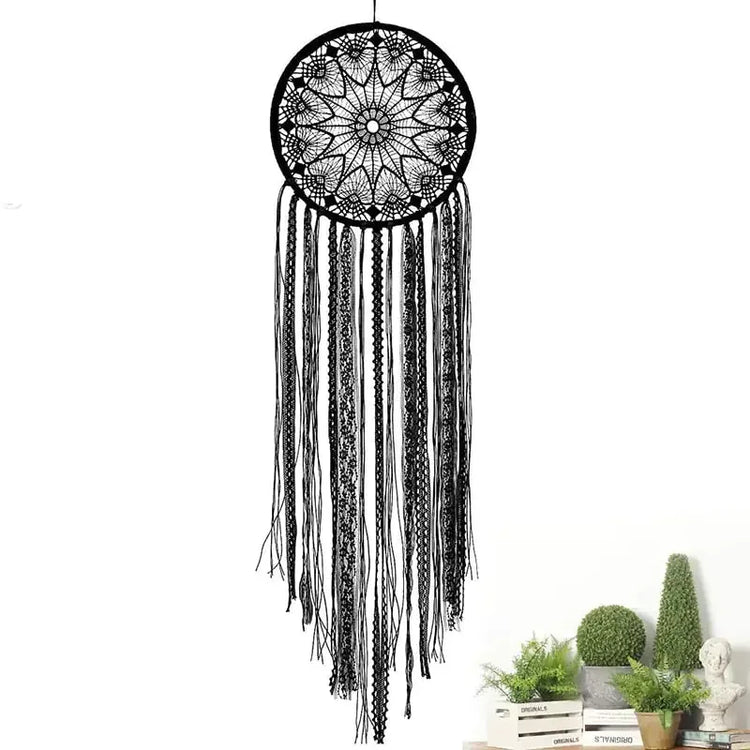 Elegant black lace dreamcatcher wall hanging with long tassels, unique home décor idea