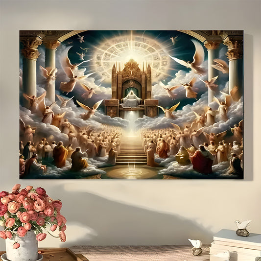 Heavenly Throne and Angels Canvas Print - Divine Light and Celestial Scene Wrapped Canvas Art with Pine Wood Frame - Fashion Theme Wall Decor for Home, Office, Bar, and Cafe - 1pc Framed Canvas Artwork for Christmas Decoratio