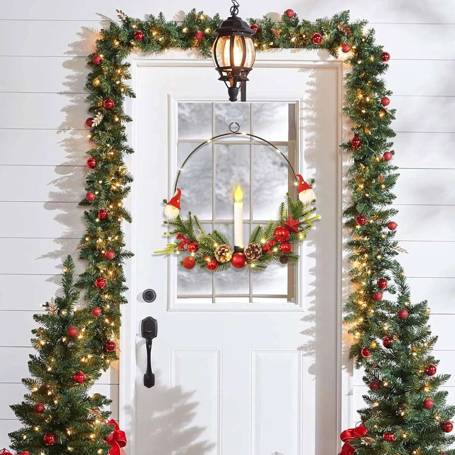 2-Pack ASPMIZ Traditional Christmas Wreaths with LED Lighted Taper Candles, Remote Control, Berries, Pine Cones - Wall Hanging Decor for Holiday, Winter - Plastic, Requires 2 AA Batteries (Not Included)