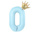 Light blue number zero balloon with a golden crown, perfect for unique celebration décor.