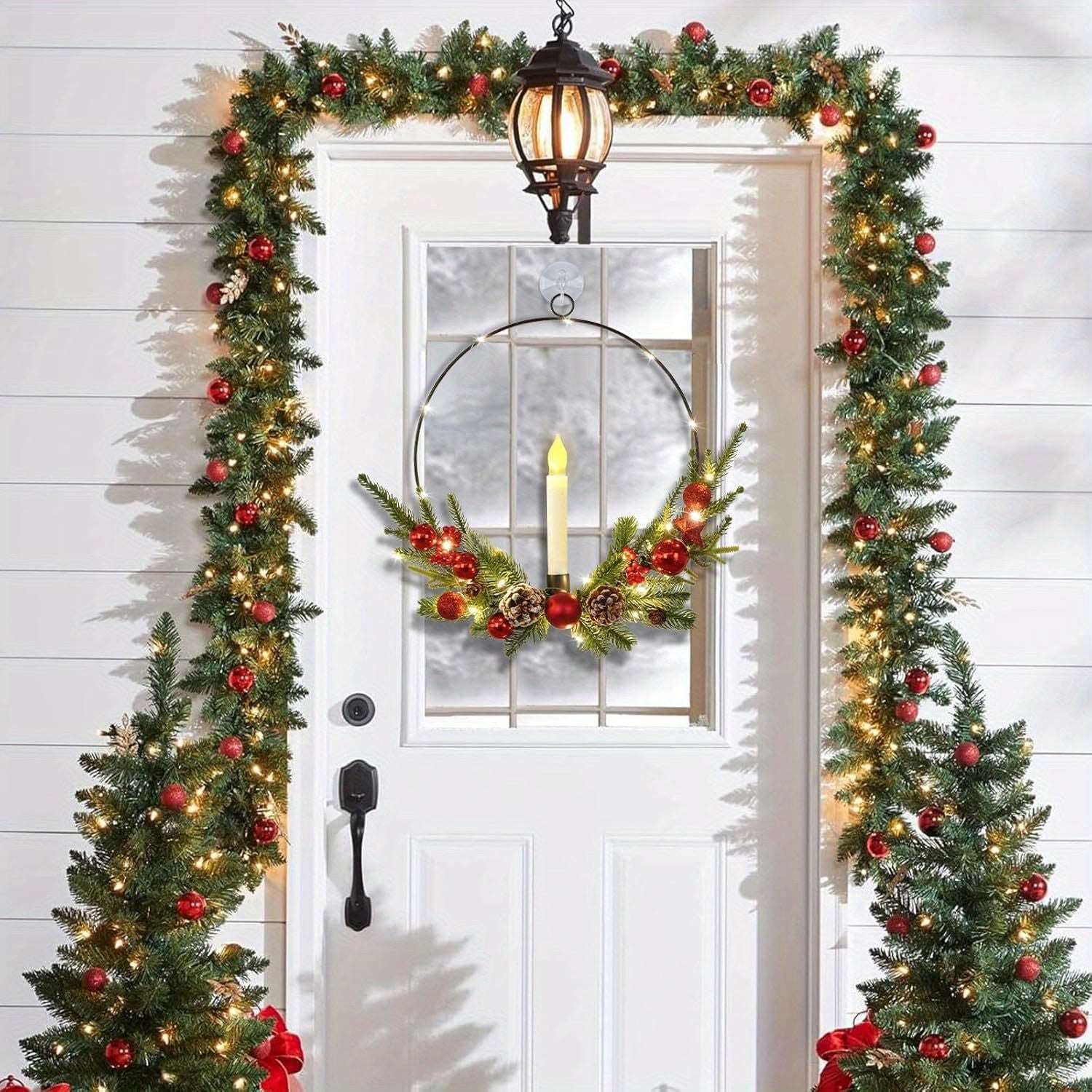 2-Pack ASPMIZ Traditional Christmas Wreaths with LED Lighted Taper Candles, Remote Control, Berries, Pine Cones - Wall Hanging Decor for Holiday, Winter - Plastic, Requires 2 AA Batteries (Not Included)