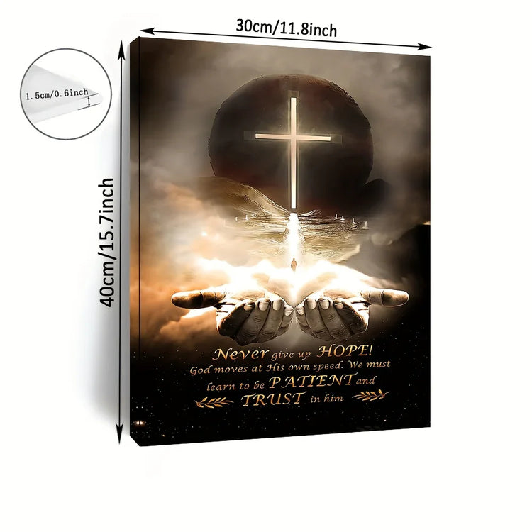 Faith-inspired canvas art with glowing cross, hands holding light, and hopeful quote—perfect spiritual home décor.