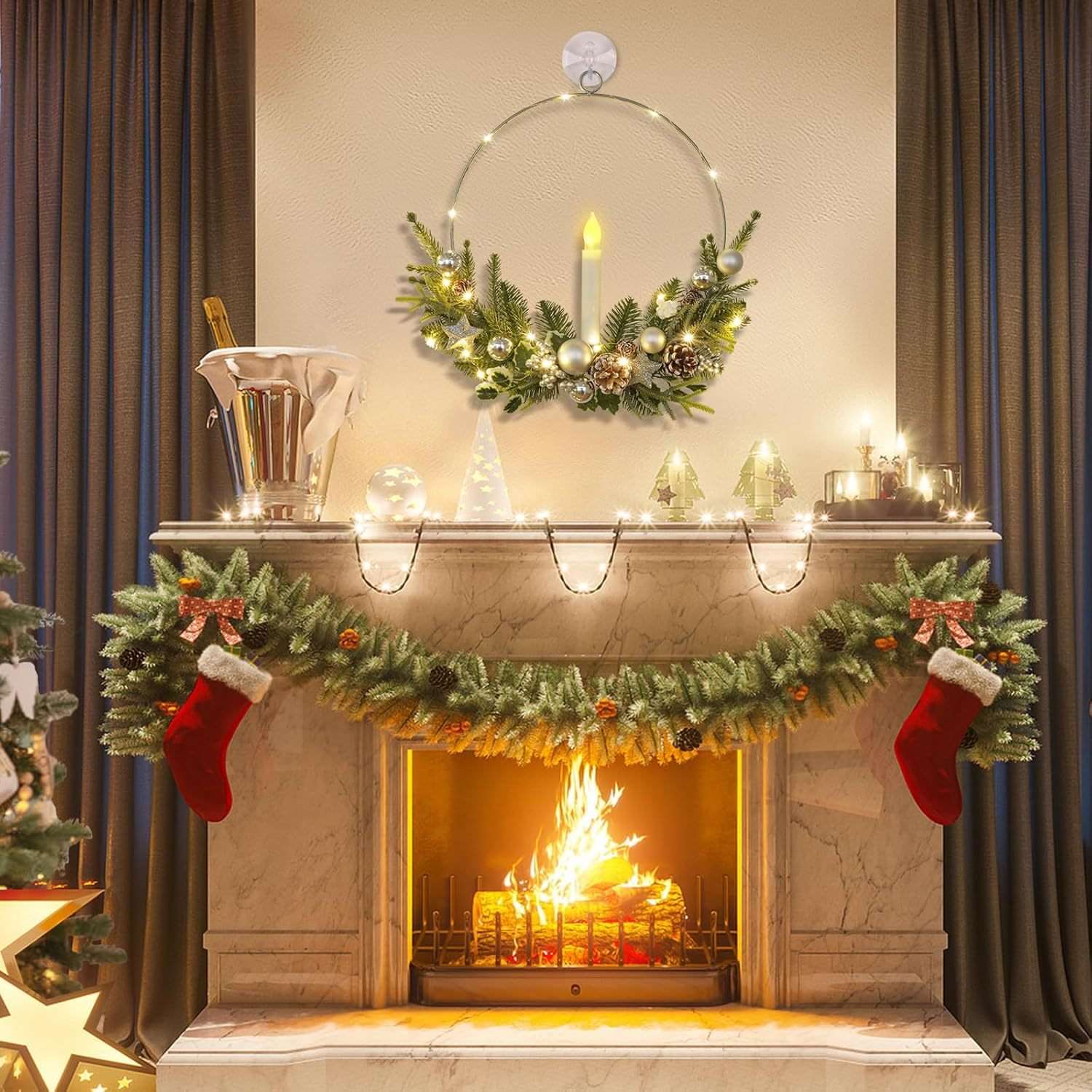 2-Pack ASPMIZ Traditional Christmas Wreaths with LED Lighted Taper Candles, Remote Control, Berries, Pine Cones - Wall Hanging Decor for Holiday, Winter - Plastic, Requires 2 AA Batteries (Not Included)