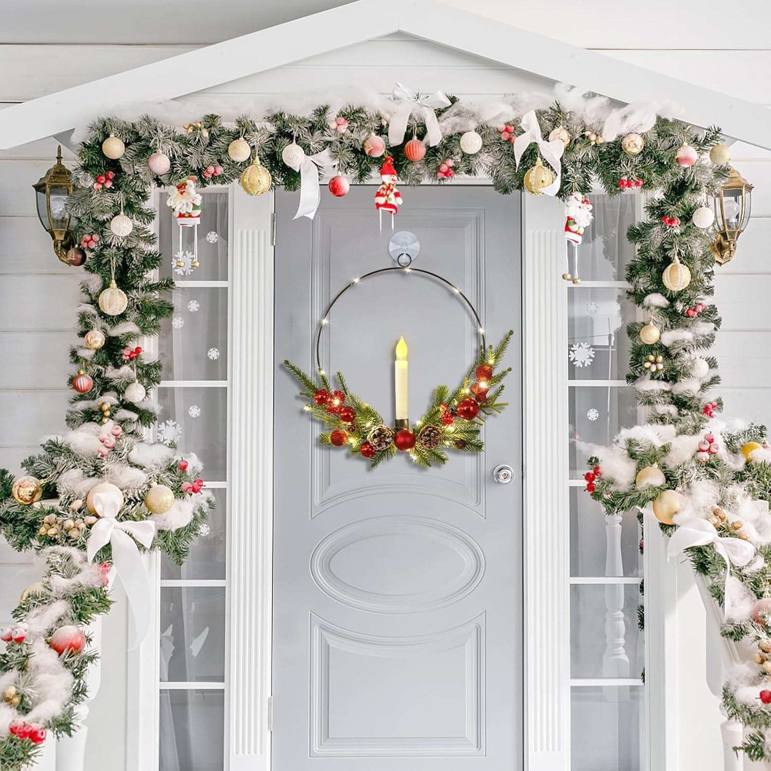 2-Pack ASPMIZ Traditional Christmas Wreaths with LED Lighted Taper Candles, Remote Control, Berries, Pine Cones - Wall Hanging Decor for Holiday, Winter - Plastic, Requires 2 AA Batteries (Not Included)