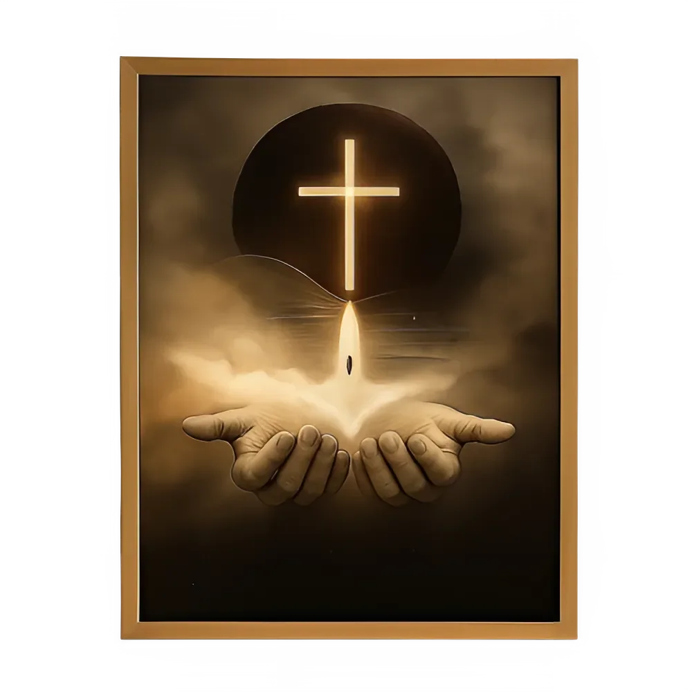Glowing cross above open hands, divine light art for spiritual home décor