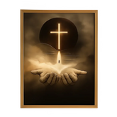 Glowing cross above open hands, divine light art for spiritual home décor