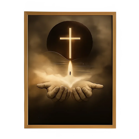 Glowing cross above open hands, divine light art for spiritual home décor