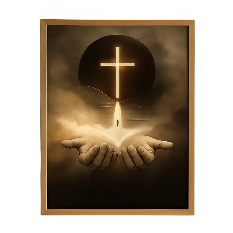 Glowing cross above open hands, divine light art for spiritual home décor