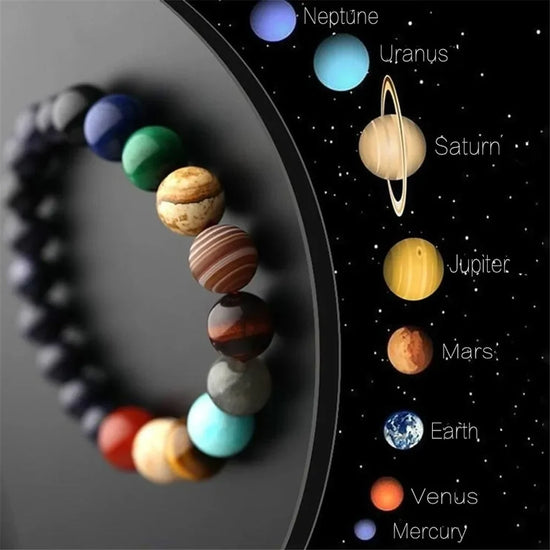Solar system planet bracelet featuring vibrant gemstone beads, perfect for unique jewelry lovers.