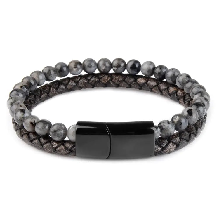 Curiously stylish bracelet with marbled beads and braided leather, featuring a sleek black clasp