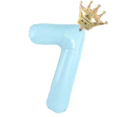 Shiny blue number 7 balloon with gold crown, perfect for unique birthday décor