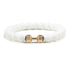 Elegant white beaded bracelet with unique gold dumbbell charm, perfect for standout jewelry style