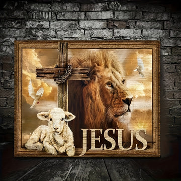 Lion & Lamb Canvas Poster w/Spiritual Cross Symbol - Framed