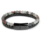 Unique beaded and braided leather bracelet, matte stones, bold black magnetic clasp