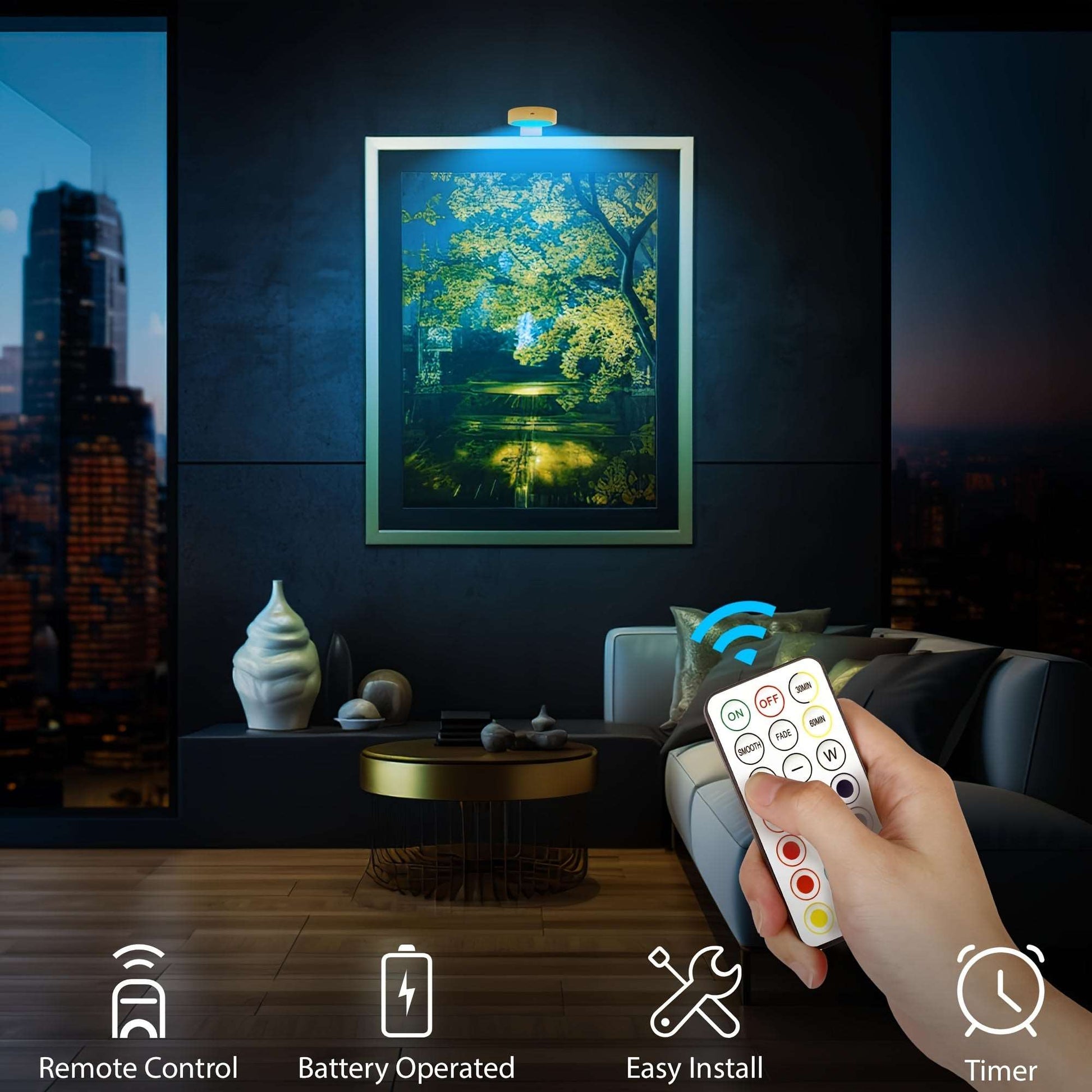 6Pcs Picture Light Battery Operated, 13 RGB Color Magnetic Led Art Display Light for Picture Frame Artworking, Wireless Painting Light with Remote Control, Party Home Wall Decor Puck Light, Gold-RGB