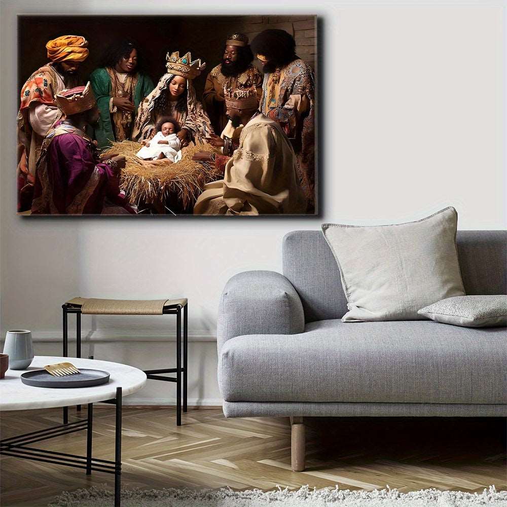 1pc Handcrafted Log Material Framed Canvas Art, Vintage Nativity Scene with Holy Kings, Crowned Figures & Adoring Family, Majestic Royal Attire, for Elegant Home Wall Decor, Living Room Aesthetics