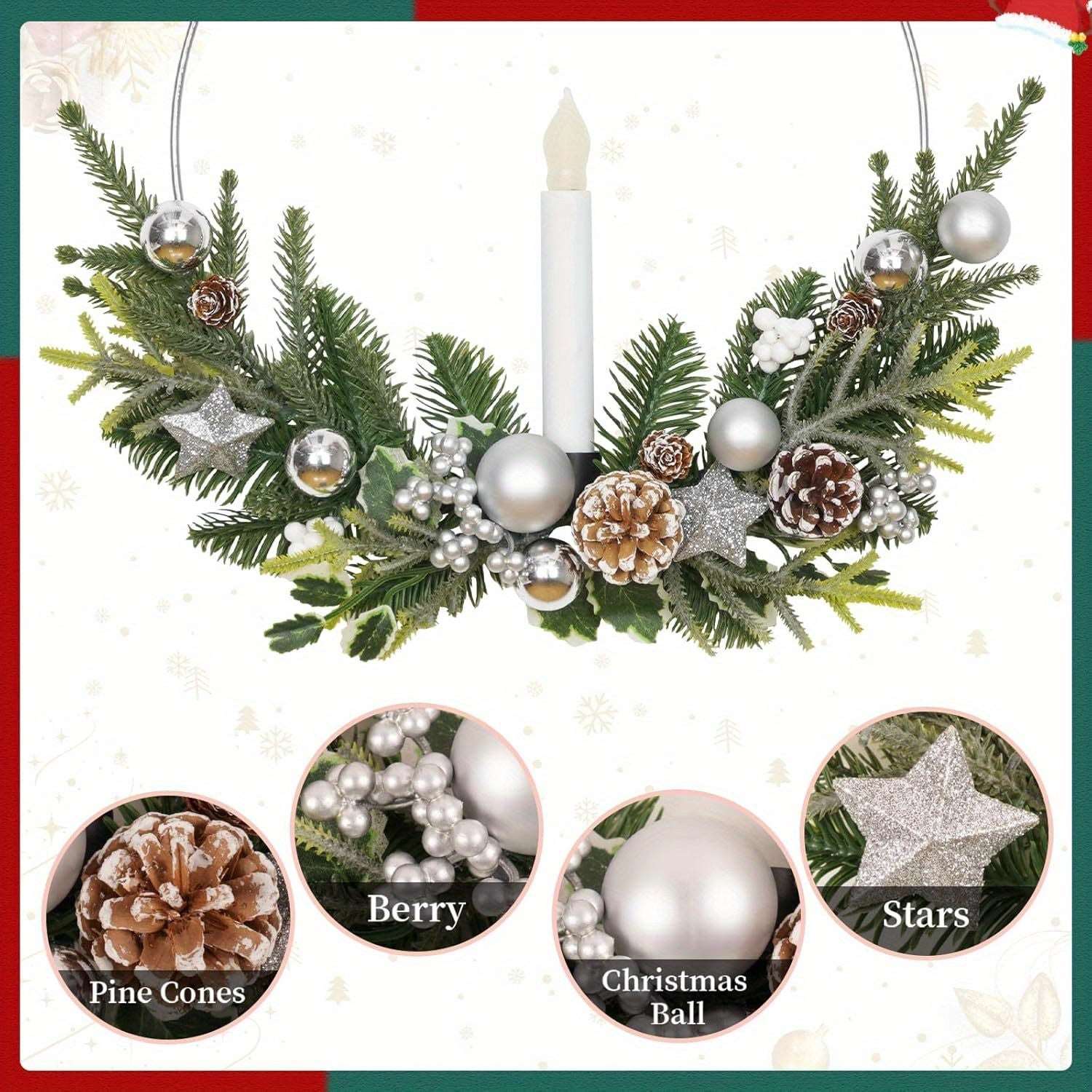 2-Pack ASPMIZ Traditional Christmas Wreaths with LED Lighted Taper Candles, Remote Control, Berries, Pine Cones - Wall Hanging Decor for Holiday, Winter - Plastic, Requires 2 AA Batteries (Not Included)