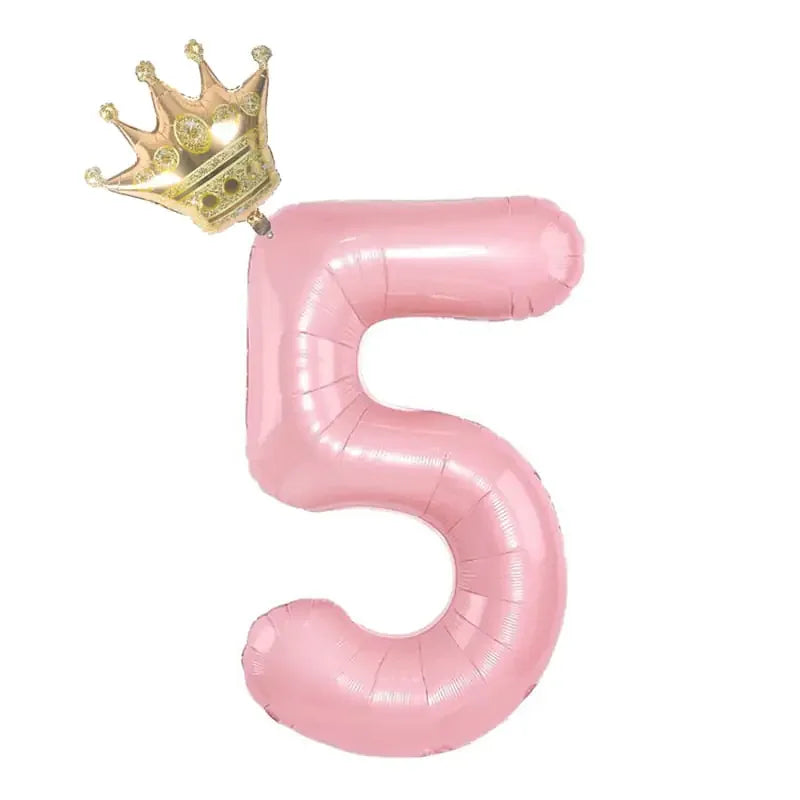Charming pink number 5 balloon with a gold crown, perfect for unique birthday décor