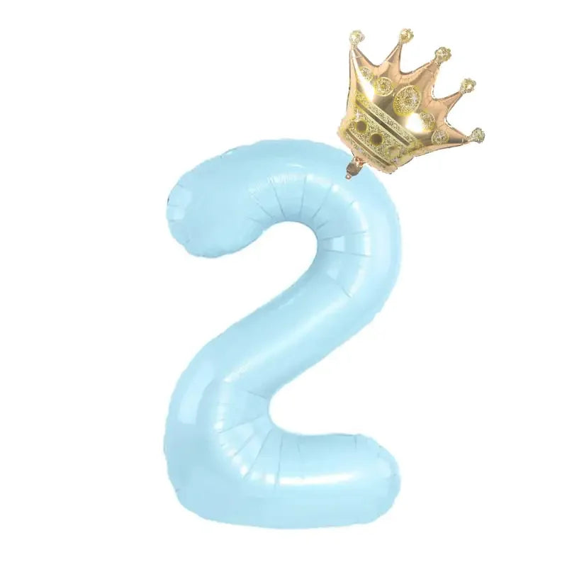 Light blue number two balloon with a gold crown, perfect for unique birthday decor