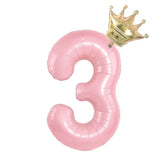 Charming pink number 3 foil balloon with golden crown, perfect for unique party décor